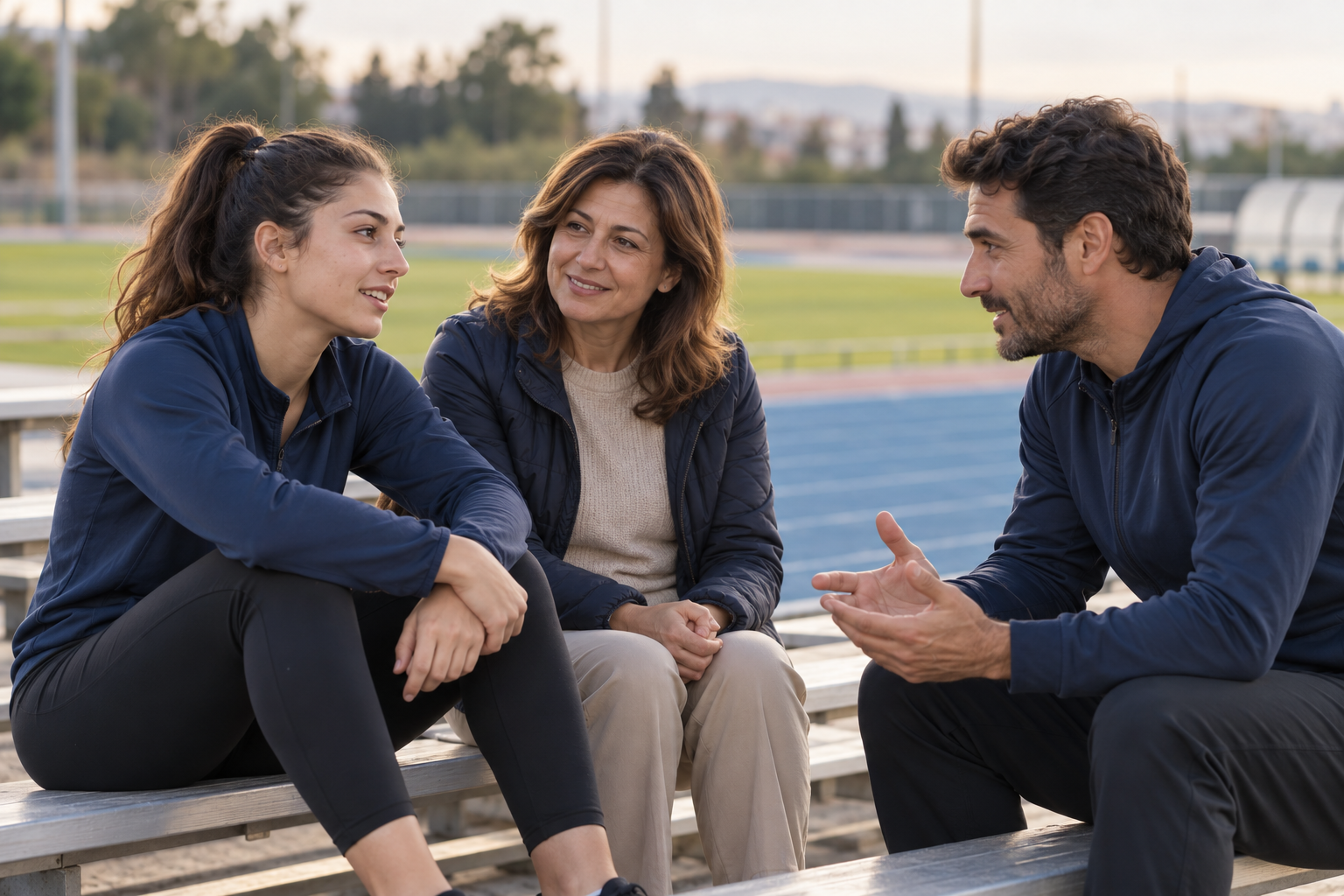 Sporcu, aile üyesi ve antrenörün birlikte sohbeti; temsili görsel